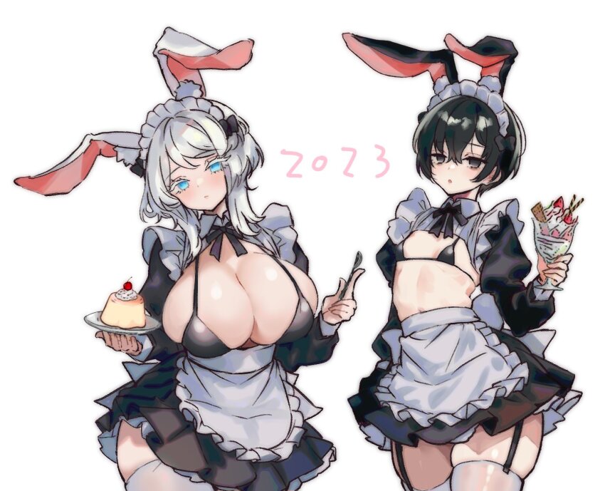 1boy, 1girl, 2023, alternate_breast_size, animal_ear_fluff, animal_ears, apron, bikini, black_bra, black_eyes, black_hair, blue_eyes, bow, bra, cherry, commentary_request, dress, expressionless, faust_(project_moon), food, frilled_dress, frilled_skirt, frills, fruit, grey_hair, hair_bow, highres, holding, holding_spoon, limbus_company, maid, maid_apron, maid_bikini, maid_headdress, medium_hair, new_year, parfait, project_moon, pudding, rabbit_ears, simple_background, skirt, spoon, strawberry, swimsuit, thighhighs, unconventional_maid, underwear, white_background, white_thighhighs, y0ru73, yi_sang_(project_moon)