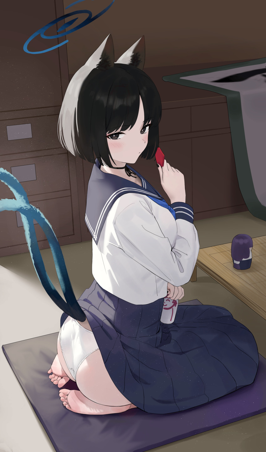 1girl, absurdres, animal_ear_fluff, animal_ears, ass, barefoot, black_eyes, black_hair, black_nails, black_ribbon, blue_archive, blue_halo, blue_neckerchief, blue_sailor_collar, blue_skirt, blush, breasts, bright_pupils, cat_ears, cat_tail, closed_mouth, commentary, day, doodle_sensei_(blue_archive), feet, fingernails, from_side, halo, highres, holding, indoors, kikyou_(blue_archive), long_sleeves, looking_at_viewer, medium_breasts, multiple_tails, nail_polish, neck_ribbon, neckerchief, panties, pleated_skirt, revision, ribbon, sailor_collar, school_uniform, seiza, sensei_(blue_archive), shirt, shirt_tucked_in, short_hair, sitting, siu_hing5262, skirt, soles, solo, sunlight, table, tail, tail_raised, toes, turning_head, two_tails, underwear, wedgie, white_panties, white_pupils, white_shirt