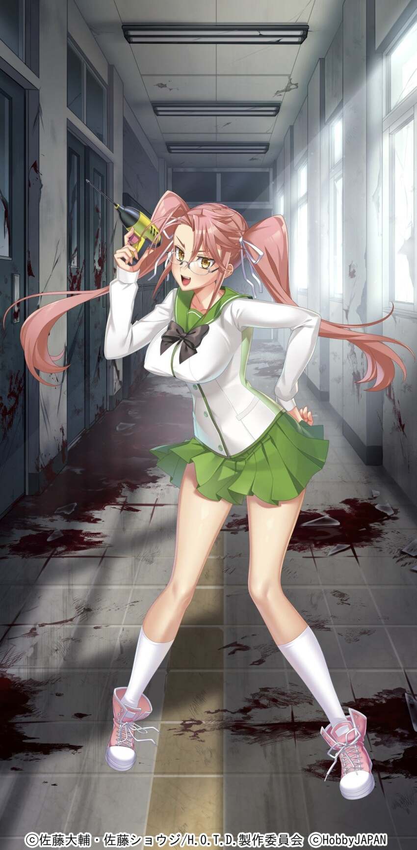 1girl, blood, blood_on_ground, blood_on_wall, blush, breasts, covered_erect_nipples, drill, floating_hair, full_body, glasses, green_skirt, highres, highschool_of_the_dead, indoors, large_breasts, long_hair, official_art, open_mouth, pink_footwear, pink_hair, queen's_blade, queen's_blade_limit_break, ribbon, school_uniform, shirt, skirt, socks, solo, takagi_saya, tool, twintails, white_ribbon, white_shirt, white_socks, yellow_eyes