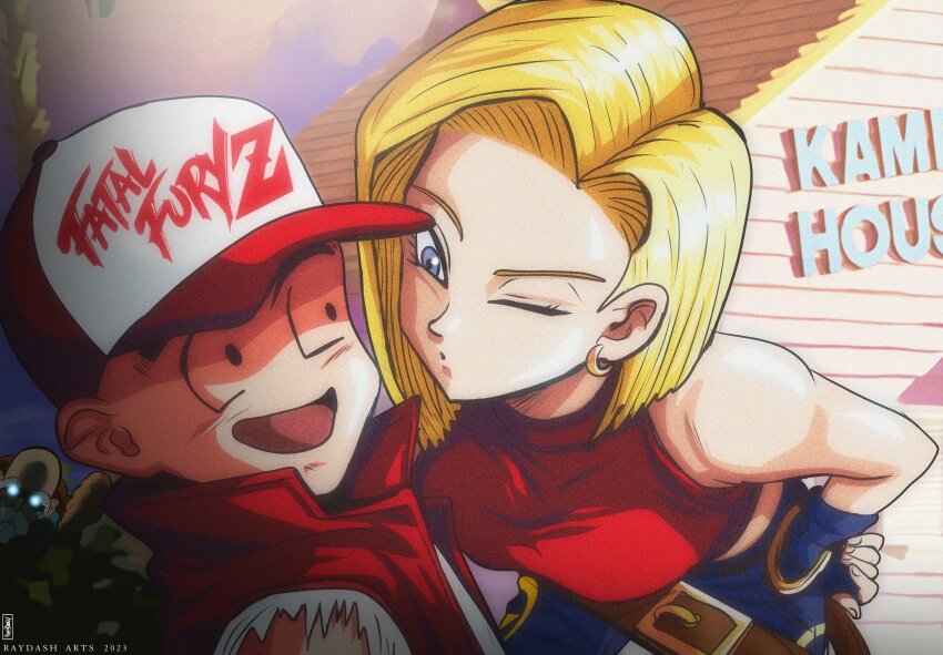 1boy, 1girl, absurdres, android_18, bare_shoulders, baseball_cap, blonde_hair, blue_eyes