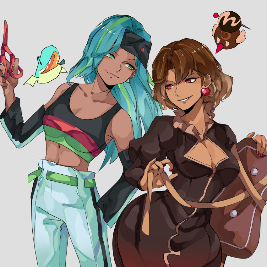 2girls, aqua_hair, black_dress, black_headband, blush, brown_hair, center_frills, chocolate_bonbon_cookie, cookie_run, cookie_run:_ovenbreak, dark_skin, dress, earrings, food-themed_earrings, frills, green_eyes, headband, highres, humanization, jewelry, long_hair, multicolored_hair, multiple_girls, navel, personification, red_eyes, round_eyewear, short_hair, smiter-jedd, sour_belt_cookie