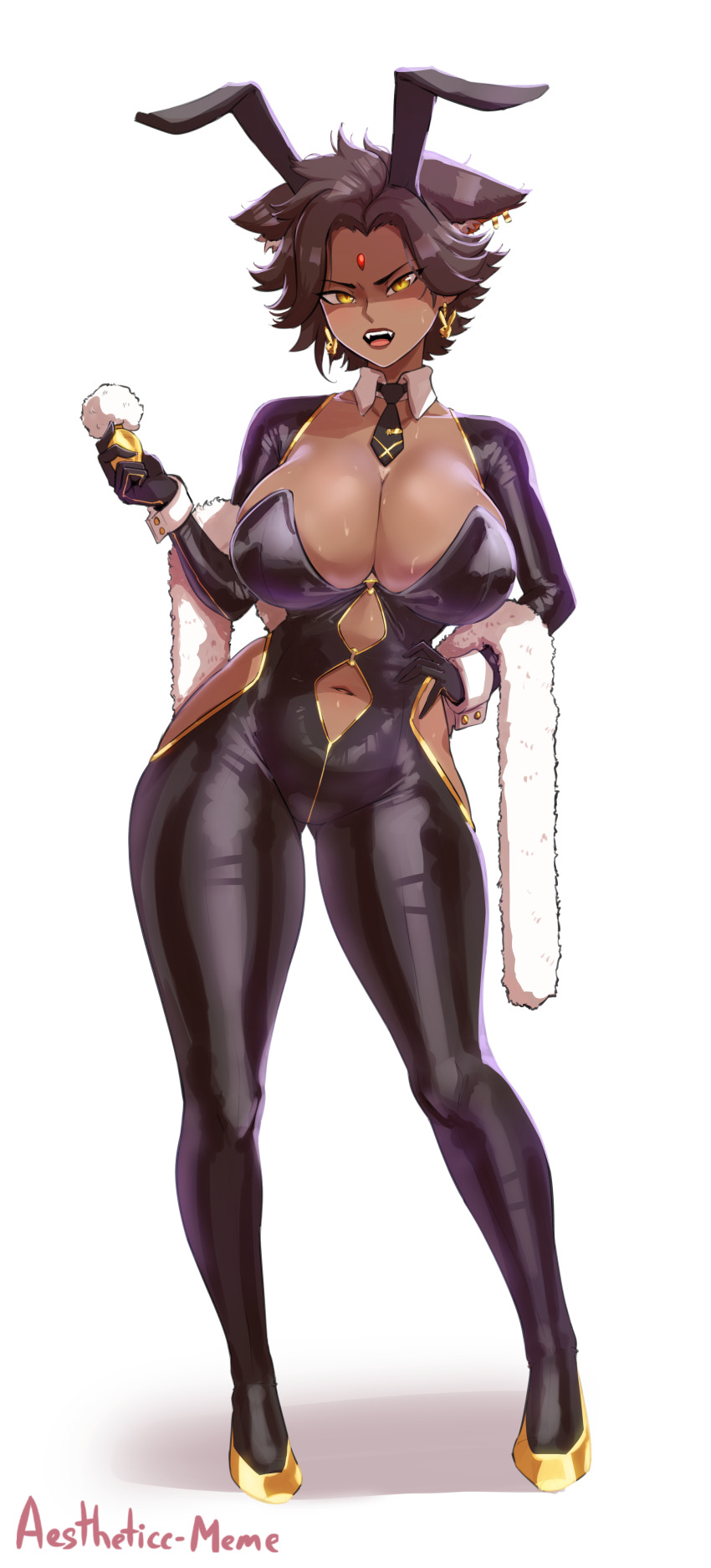 1girl, absurdres, aestheticc-meme, alternate_breast_size_(larger), angry, animal_ears, black_hair, breasts, cat_ears, clothing_cutout, dark-skinned_female, dark_skin, earrings, fake_animal_ears, forehead_jewel, highres, hip_vent, jewelry, large_breasts, navel_cutout, partially_shaded_face, rabbit_ears, rwby, shiny_clothes, short_hair, sienna_khan, solo, strapless_bodysuit, sweat, teeth, thick_thighs, thighs, tiger_ears, upper_teeth_only, very_dark_skin, wide_hips, yellow_eyes