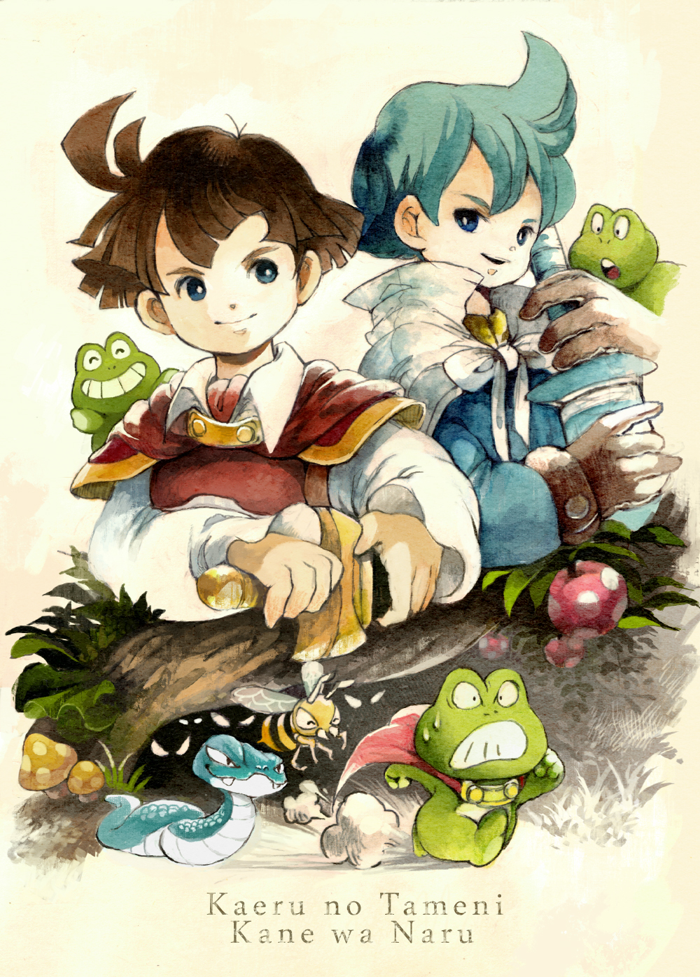 2boys, berry, blue_eyes, blue_hair, blue_shirt, brown_gloves, brown_hair, cape