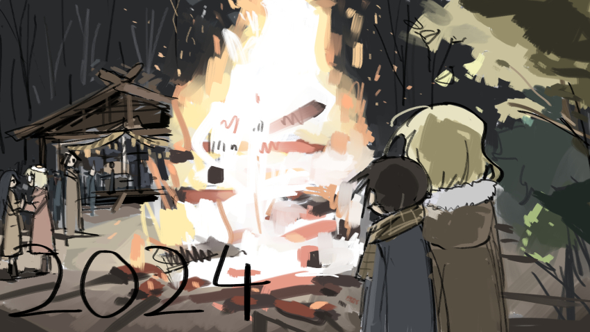 2024, ahoge, black_hair, blonde_hair, bonfire, chito_(shoujo_shuumatsu_ryokou), coat, festival, fried_egg, happy_new_year, highres, holding_hands, new_year, night, scarf, shimeji_simulation, shoujo_shuumatsu_ryokou, shrine, tsukishima_shijima, tsukishima_shijima's_sister, tsukumizu, yamashita_majime, yuuri_(shoujo_shuumatsu_ryokou)