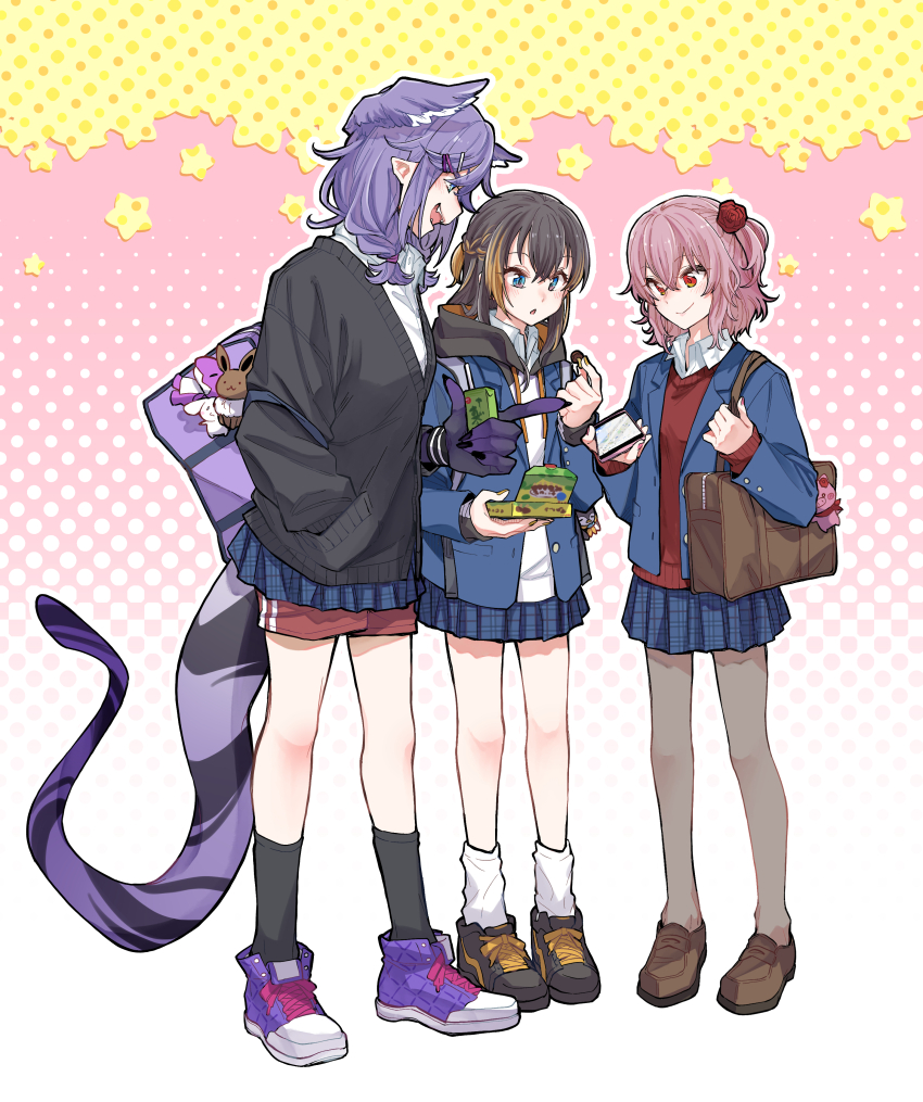 3girls, absurdres, bag, black_hair, black_jacket, black_socks, blazer, blonde_hair