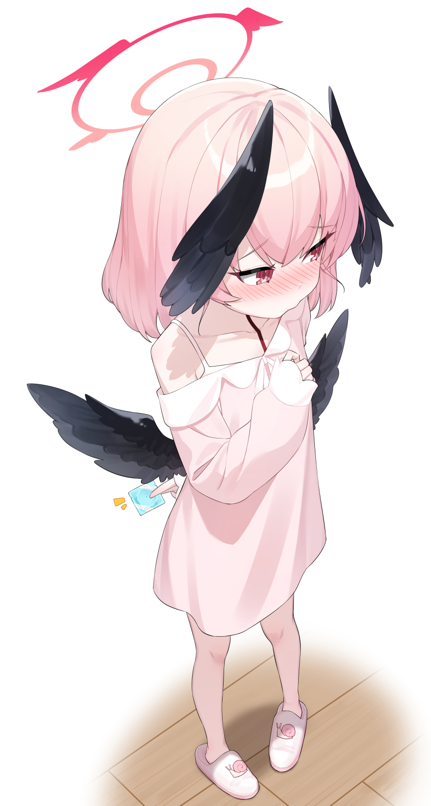 1girl, absurdres, arm_behind_back, black_wings, blue_archive, blush, collarbone, commentary_request