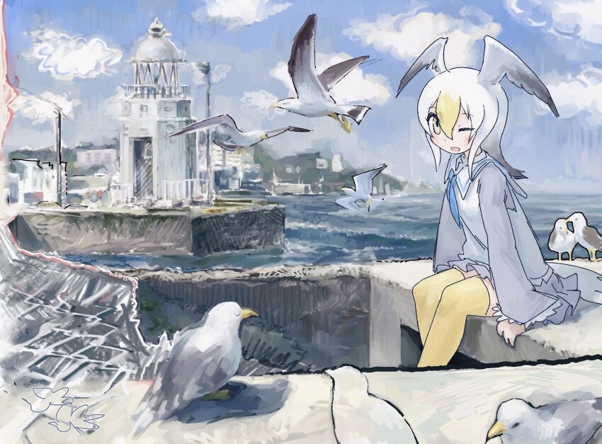 1girl, bad_id, bad_twitter_id, bird, blonde_hair, common_gull_(kemono_friends), hair_between_eyes, head_wings