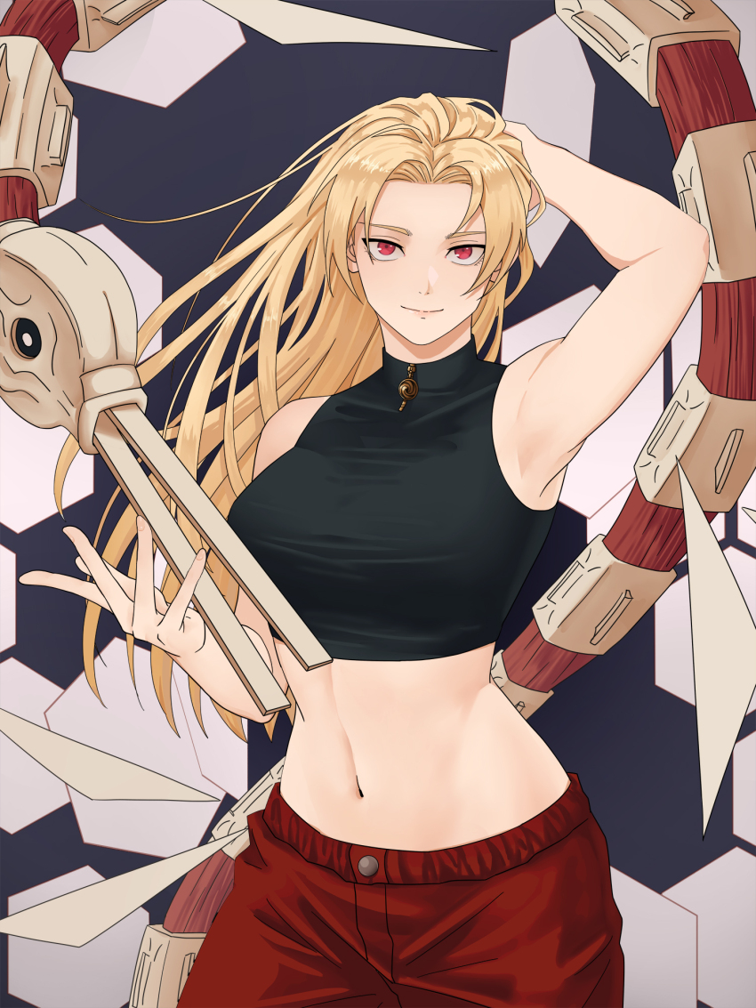 1girl, armpits, blonde_hair, cherryskull, forehead, garuda_(jujutsu_kaisen), highres, jujutsu_kaisen, long_hair, looking_at_viewer, midriff, navel, pants, red_eyes, red_pants, shikigami, smile, solo, stomach, tsukumo_yuki_(jujutsu_kaisen), upper_body