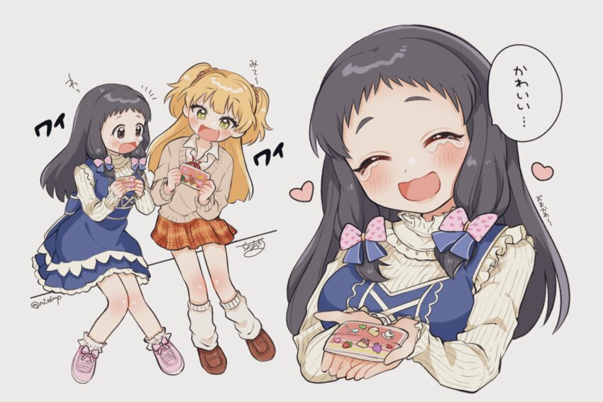 2girls, black_hair, blonde_hair, blue_dress, blush, bow, cardigan, choko_omochi