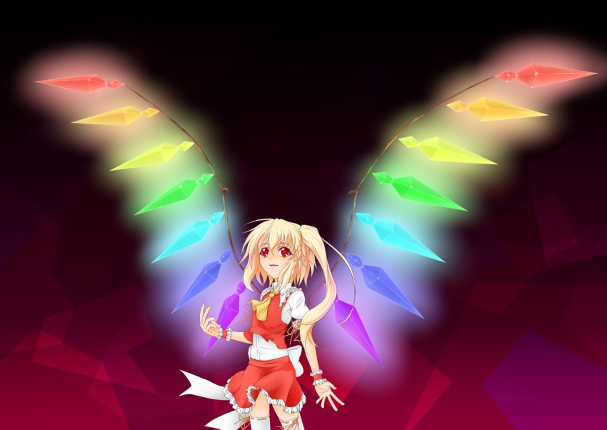 1girl, blonde_hair, embodiment_of_scarlet_devil, female_focus, flandre_scarlet, gradient_background, red_eyes, side_ponytail, solo, thighhighs, touhou, walhalla, wings, wrist_cuffs