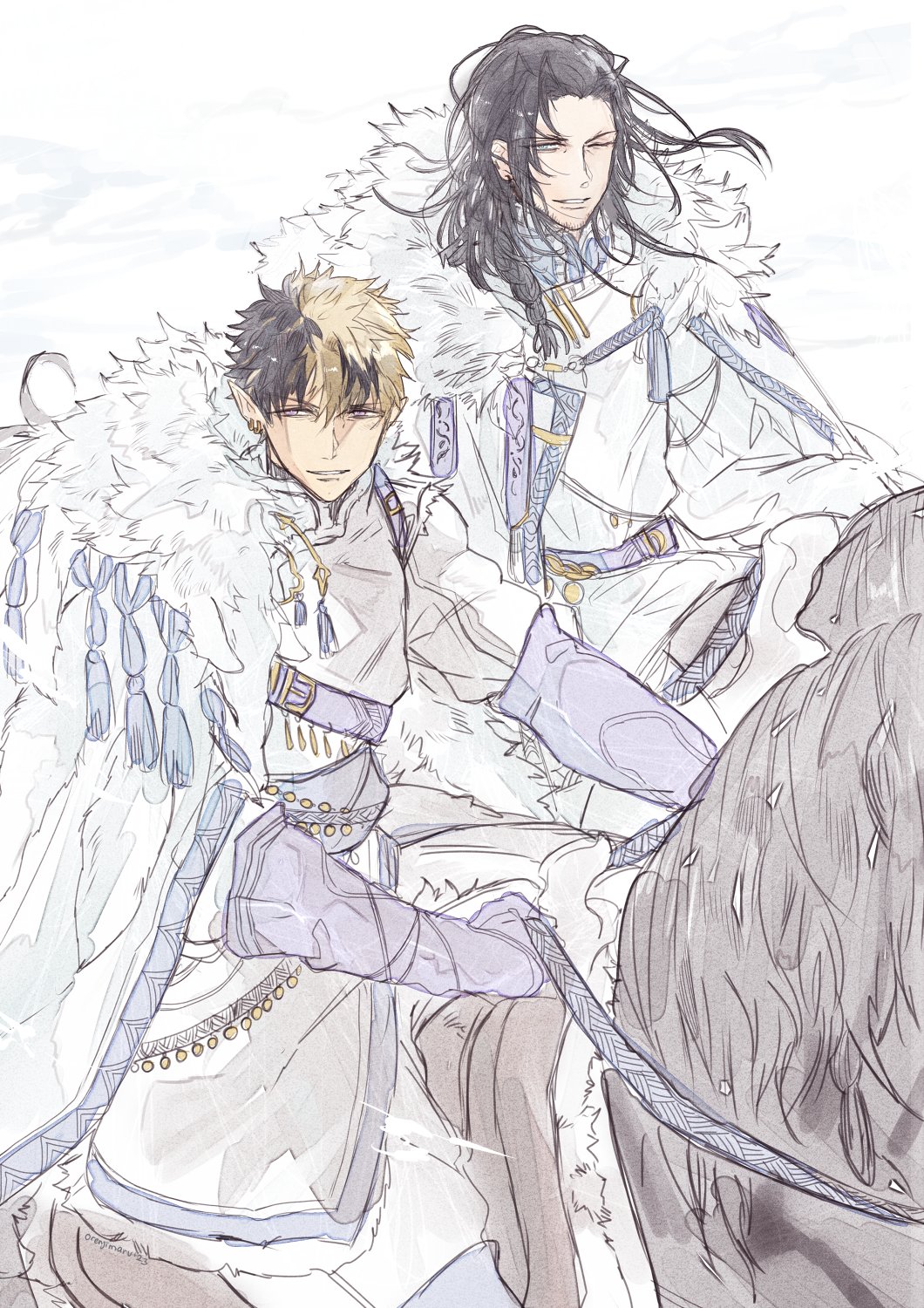 2boys, beard_stubble, belt, black_hair, blonde_hair, blue_eyes, braid, cape