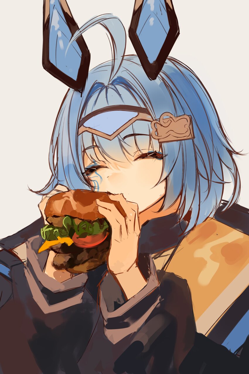 1girl, absurdres, ahoge, animal_ears, black_jacket, blue_hair, burger, closed_eyes