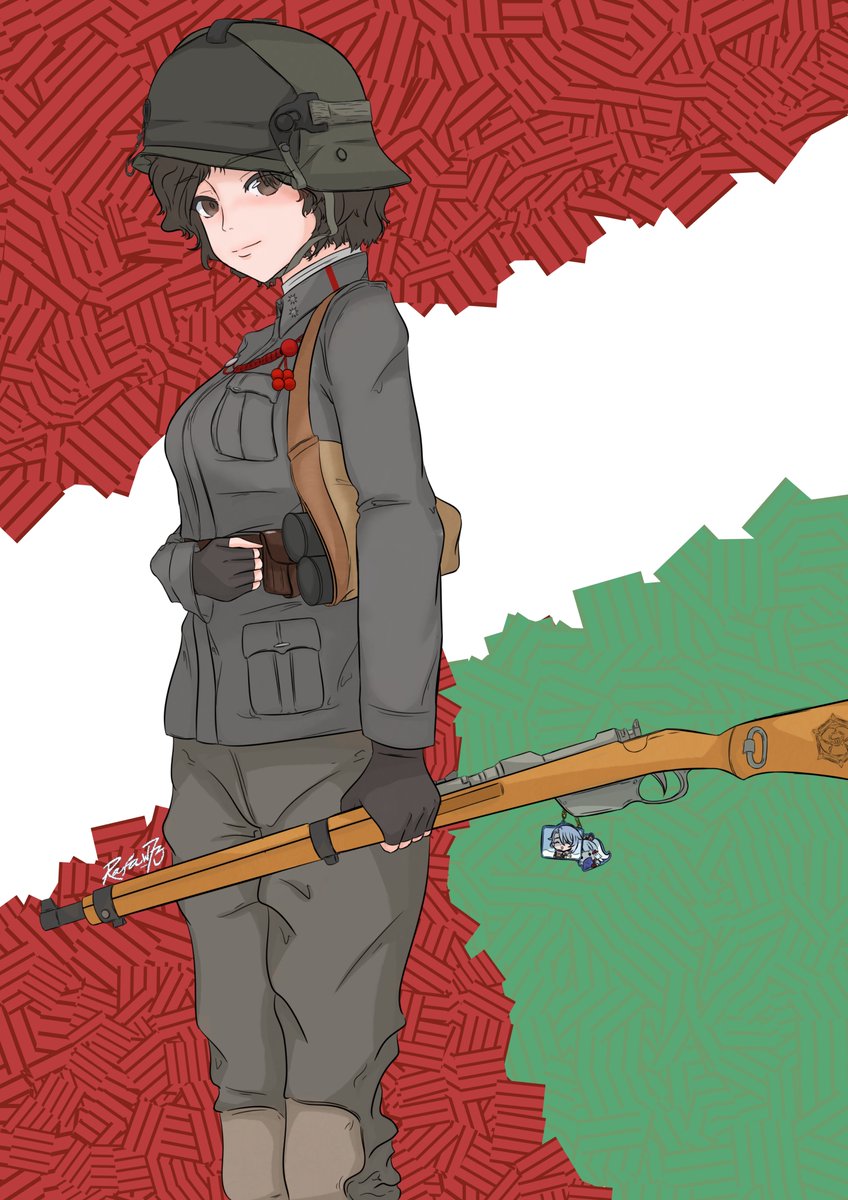 ammunition_pouch, austria-hungary, austro-hungarian_army, ayaka_(genshin_impact), charm_(object), combat_helmet, explosive, genshin_impact, grenade, helmet, highres, kamisato_ayato, knee_pads, mannlicher_m1895, original, pom_pom_(clothes), pouch, rafael_(rafa_w73), stahlhelm, uniform, world_war_i