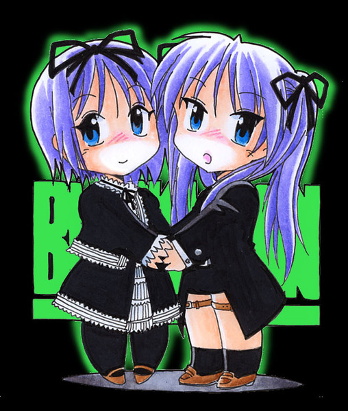 2girls, black_lagoon, blue_eyes, blush, chibi, cosplay, crossdressing, crossdressing_(ftm), crossover, dress, english_text, gretel_(black_lagoon), gretel_(black_lagoon)_(cosplay), hair_ribbon, hansel_(black_lagoon), hansel_(black_lagoon)_(cosplay), hiiragi_kagami, hiiragi_tsukasa, holding_hands, image_sample, lolita_fashion, lucky_star, multiple_girls, norio_(459factory), open_mouth, pixiv_sample, purple_hair, resized, ribbon, short_hair, shorts, siblings, sisters, smile, standing, twins, twintails