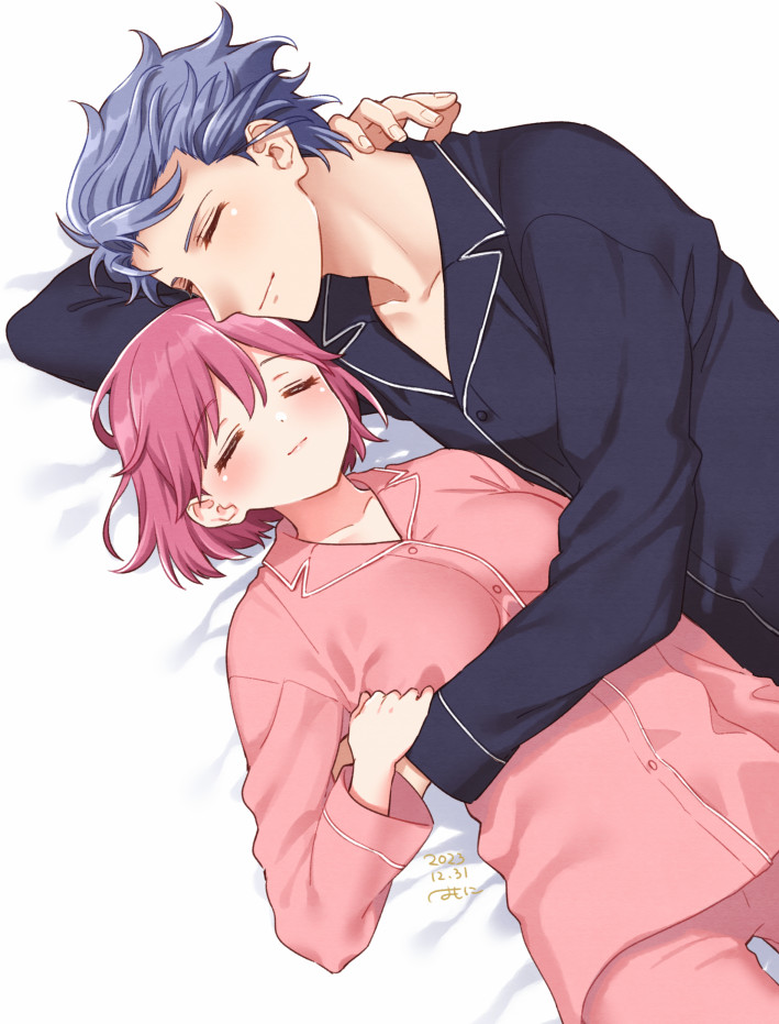 1boy, 1girl, arm_around_another's_waist, arm_behind_head, artist_name, bed_sheet, black_pajamas, black_pants