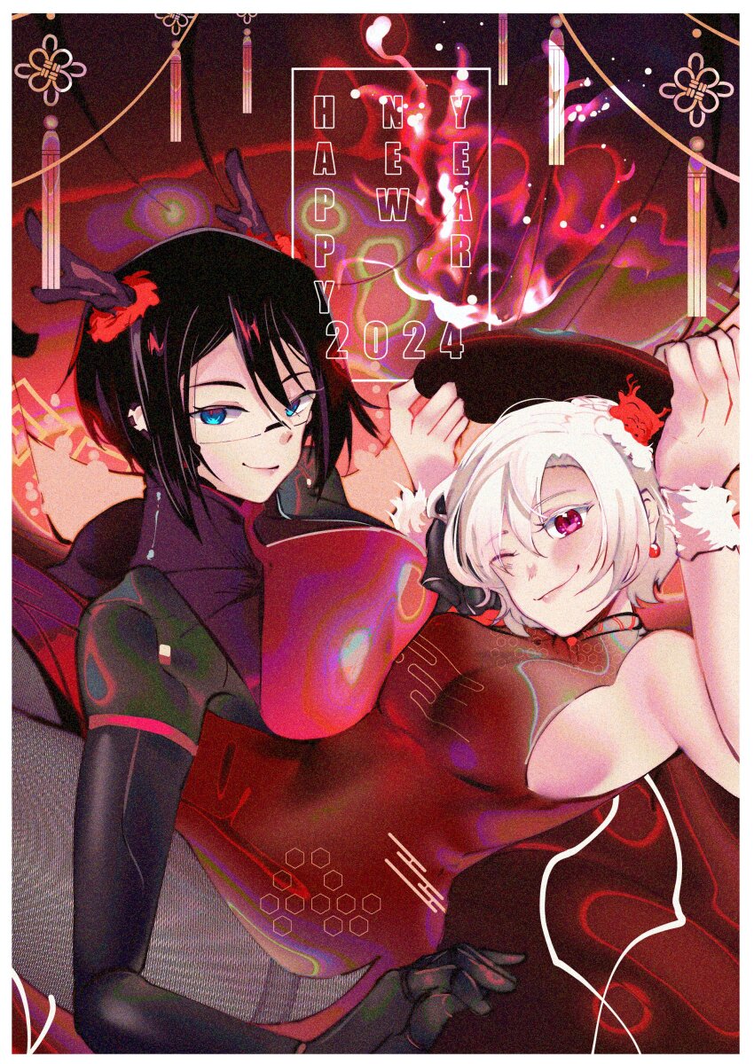 2024, 2girls, absurdres, akaruc, android, ariane_yeong, black_hair, blue_eyes