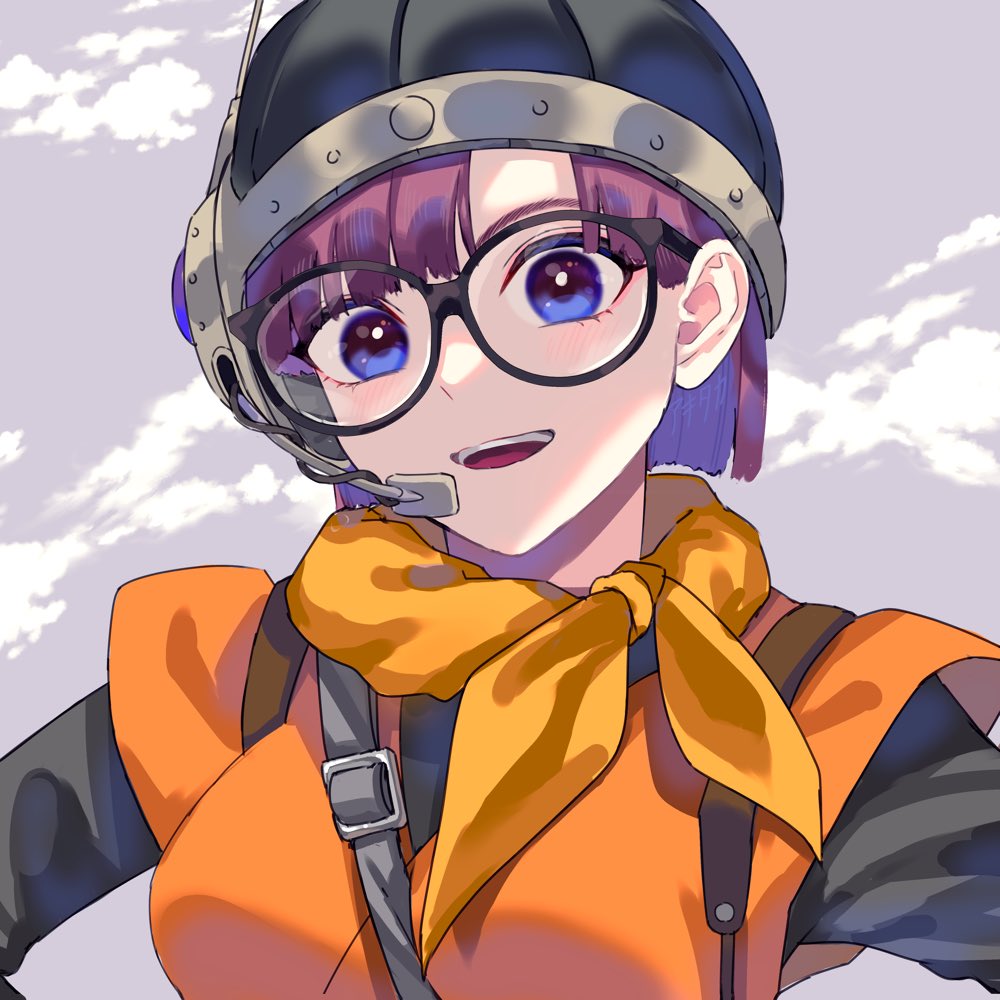 1girl, akitaka_(s_asai), black_shirt, blue_eyes, blunt_bangs, blunt_ends, breasts, chrono_trigger, glasses, grey_background, headset, helmet, looking_at_viewer, lucca_ashtear, medium_breasts, neckerchief, open_mouth, orange_neckerchief, orange_tunic, purple_hair, shirt, short_hair, smile, solo, tunic, upper_body