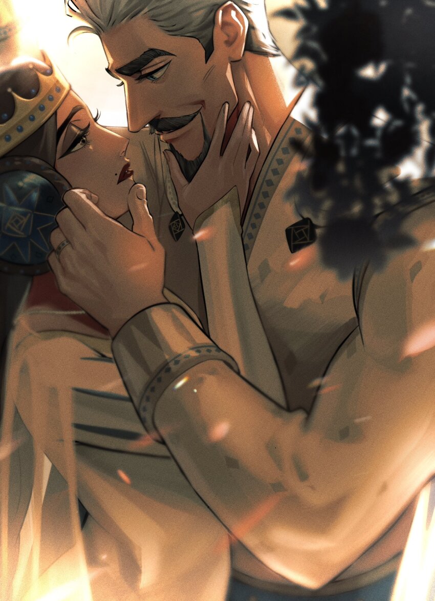 1boy, 1girl, beard, blue_eyes, brown_eyes, brown_hair, cape, colored_skin, couple, cowboy_shot, crown, dress, facial_hair, from_side, grey_hair, hand_on_another's_face, height_difference, highres, husband_and_wife, jewelry, king_magnifico, long_eyelashes, long_hair, long_sleeves, looking_at_another, makeup, mascara, mature_female, mature_male, mole, mole_above_mouth, mustache, parted_lips, queen_amaya, red_lips, ring, robe, royal_robe, see-through_cape, smile, thick_eyebrows, thick_mustache, tobo_katsuo, wedding_ring, white_cape, white_dress, white_robe, white_skin, wish_(disney)