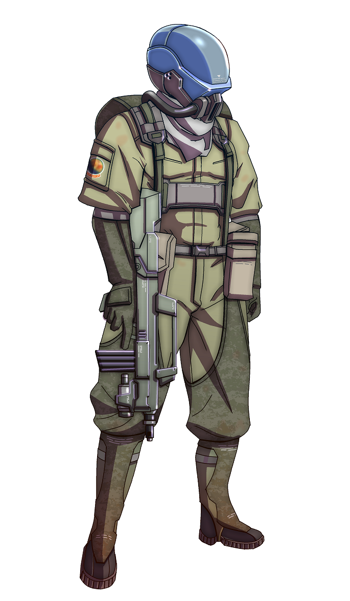 1boy, assault_rifle, backpack, bag, boots, choukou_gasshin_xardion, commentary_request, earth_(planet), gloves, gun, head-mounted_display, helmet, hose, joy_(cyber_x_heaven), logo, looking_to_the_side, military, military_uniform, original, oxygen_mask, planet, rifle, science_fiction, soldier, submachine_gun, weapon, white_background
