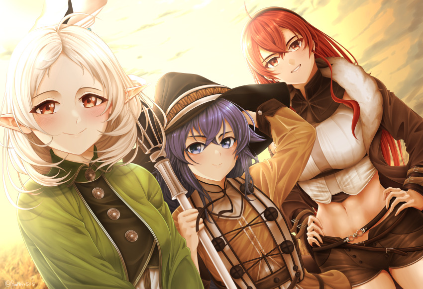 3girls, absurdres, aged_up, ahoge, arm_up, backlighting, black_hairband, black_headwear