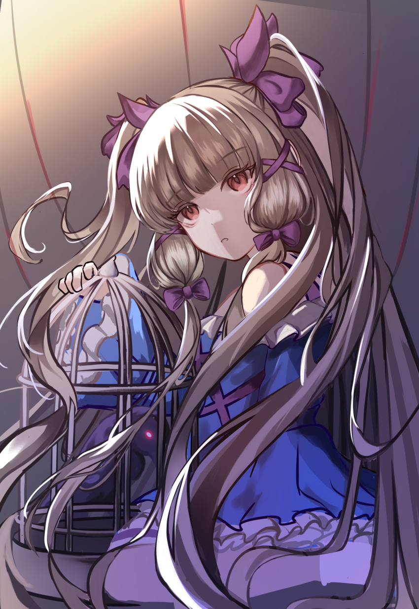 1girl, absurdres, bare_shoulders, bird, birdcage, blue_dress, braid, brown_dust_(series)