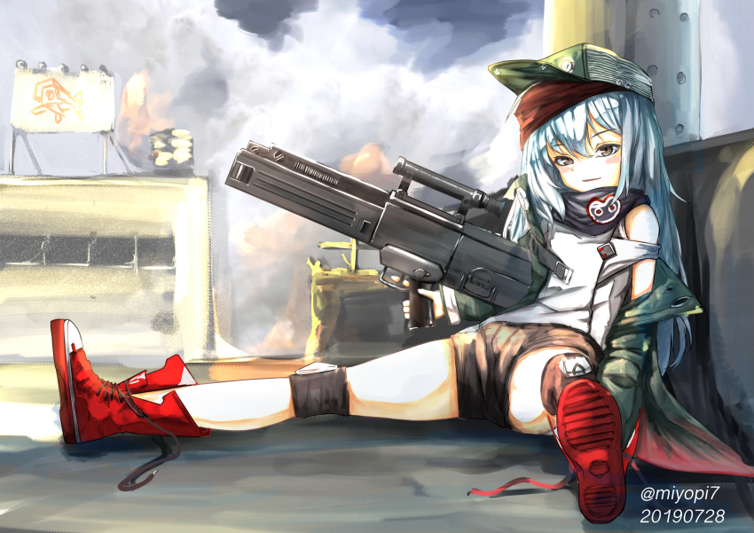 1girl, absurdres, assault_rifle, blush_stickers, brown_eyes, bullpup, caseless_firearm, city