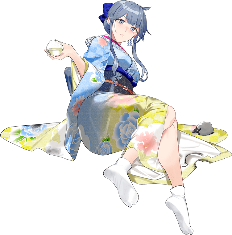1girl, blue_eyes, blue_hair, blue_kimono, drew_(drew213g), feet, floral_print, floral_print_kimono, flower, full_body, goat, gotland_(kancolle), gotland_(new_year)_(kancolle), hair_between_eyes, hair_bun, hair_flower, hair_ornament, japanese_clothes, kantai_collection, kimono, knees_together_feet_apart, long_sleeves, looking_at_viewer, mole, mole_under_eye, new_year, no_shoes, official_art, print_kimono, soles, solo, tabi, toes, transparent_background, white_kimono