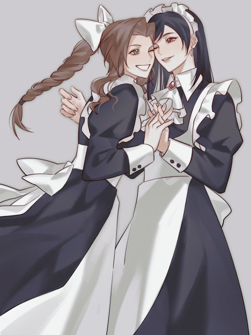 2girls, absurdres, aerith_gainsborough, alternate_costume, apron, ascot, back_bow, black_dress, black_hair, bow, braid, braided_ponytail, collared_shirt, cowboy_shot, dress, earrings, final_fantasy, final_fantasy_vii, final_fantasy_vii_remake, floating_earrings, frilled_apron, frills, green_eyes, grey_background, hair_bow, hao_xiang_yishui_bu_xing, highres, holding_hands, interlocked_fingers, jewelry, juliet_sleeves, long_dress, long_hair, long_sleeves, maid, maid_apron, maid_headdress, multiple_girls, one_eye_closed, parted_bangs, parted_lips, puffy_sleeves, red_eyes, shirt, sidelocks, single_braid, smile, swept_bangs, teeth, tifa_lockhart, wavy_hair, white_apron, white_ascot, white_bow, wrist_cuffs, yuri