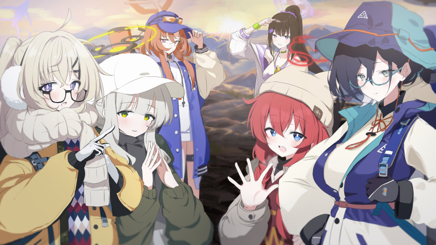 6+girls, absurdres, arimas_ar1, beanie, black-framed_eyewear, black_gloves, black_hair, black_scarf