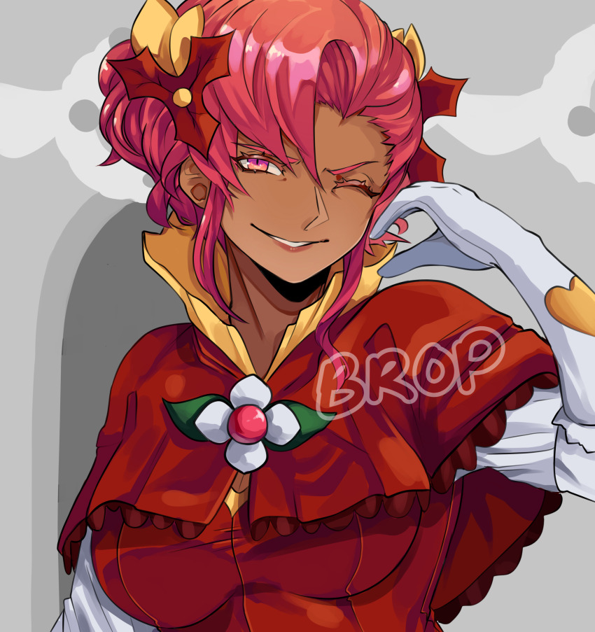 1girl, armor, artist_name, brooch, capelet, cookie_run, dark-skinned_female, dark_skin, double_bun, flower_brooch, gloves, hair_bun, hair_ornament, highres, hollyberry_cookie, hollyberry_cookie_(her_majesty's_grand_presence), looking_at_viewer, one_eye_closed, pink_eyes, pink_hair, red_capelet, smiter-jedd, solo, teeth, upper_teeth_only, white_gloves