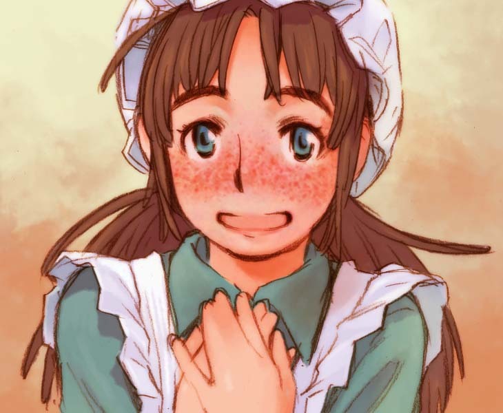 1girl, becky_(princess_sarah), blue_eyes, brown_hair, female_focus, freckles, green_eyes, long_hair, maid, nippon_animation, open_mouth, princess_sarah, ramb_chop, smile, solo, world_masterpiece_theater