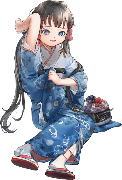 1girl, bag, black_hair, blue_eyes, blue_kimono, dirty, dirty_clothes, full_body