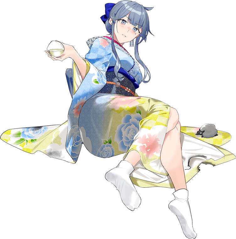 1girl, blue_eyes, blue_hair, blue_kimono, bowl, burnt_clothes, drew_(drew213g), floral_print, floral_print_kimono, gotland_(kancolle), gotland_(new_year)_(kancolle), hair_bun, holding, japanese_clothes, kantai_collection, kimono, long_hair, looking_at_viewer, official_art, parted_lips, print_kimono, rose_print, sheep, sidelocks, sitting, socks, soles, solo, tabi, third-party_source, transparent_background, white_socks