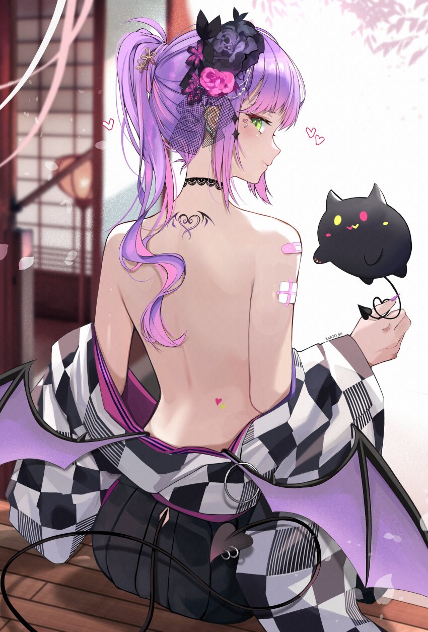 1girl, absurdres, back, bibi_(tokoyami_towa), demon_girl, demon_tail, demon_wings, green_eyes, hair_ornament, highres, hololive, kkato, long_hair, looking_at_viewer, looking_back, low_wings, multicolored_hair, off_shoulder, official_alternate_costume, piercing, pink_hair, ponytail, purple_hair, sitting, solo, tail, tail_ornament, tail_piercing, tokoyami_towa, tokoyami_towa_(new_year), virtual_youtuber, wings