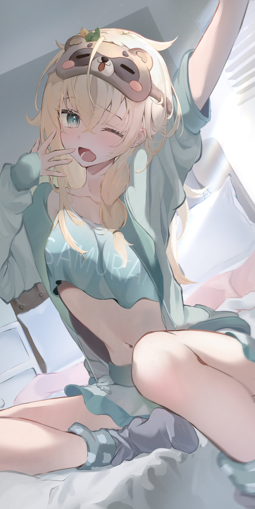 1girl, absurdres, aqua_eyes, aqua_shirt, arm_up, bed_sheet, blonde_hair, collarbone