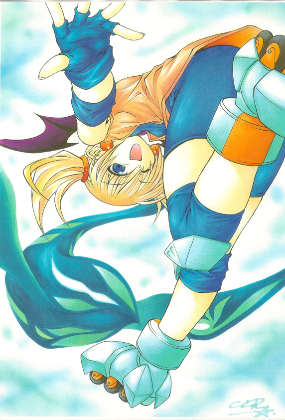 1girl, arcana_heart, bat_wings, bike_shorts, blonde_hair, blue_eyes, clr, demon_girl