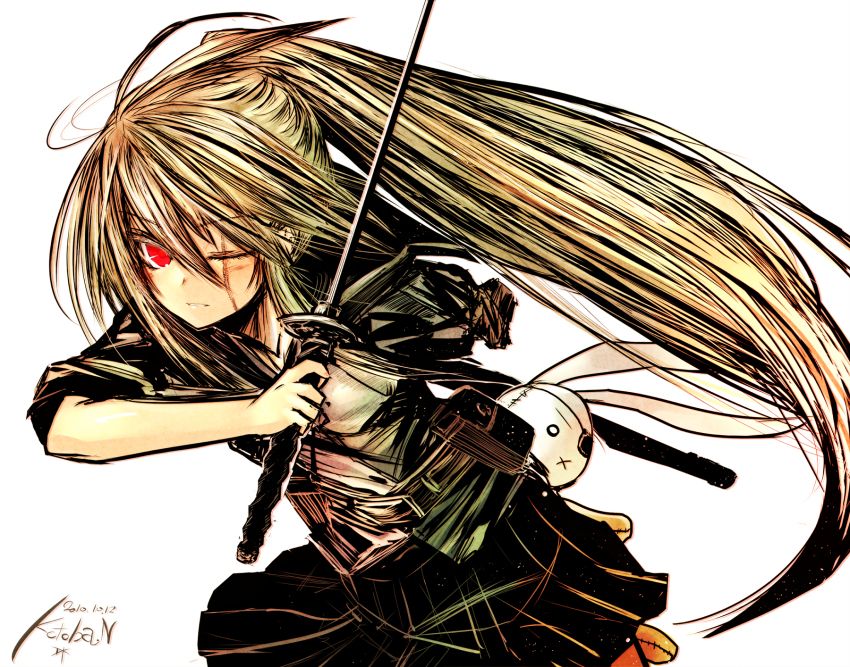 1girl, x_mouth, amputee, blonde_hair, eyepatch, female_focus, hatamoto_(kotoba), highres, hinomaru_(kotoba), katana, kotoba_noriaki, long_hair, missing_eye, nichi_no_maru, original, ponytail, rabbit, red_eyes, scar, skirt, sleeves_rolled_up, solo, stuffed_animal, stuffed_rabbit, stuffed_toy, sword, weapon