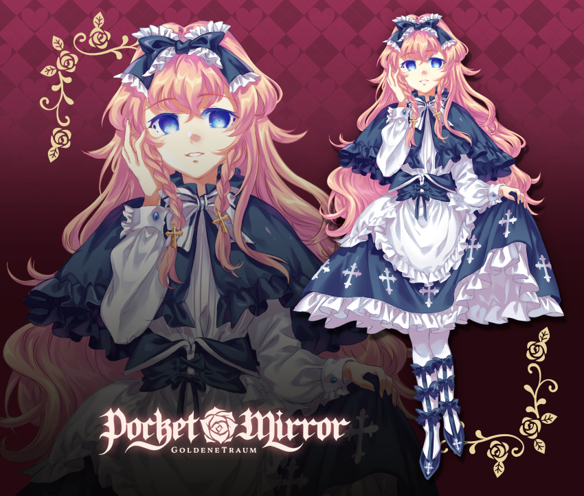 1girl, absurdres, blonde_hair, blue_bow, blue_capelet, blue_eyes, blue_skirt, bow