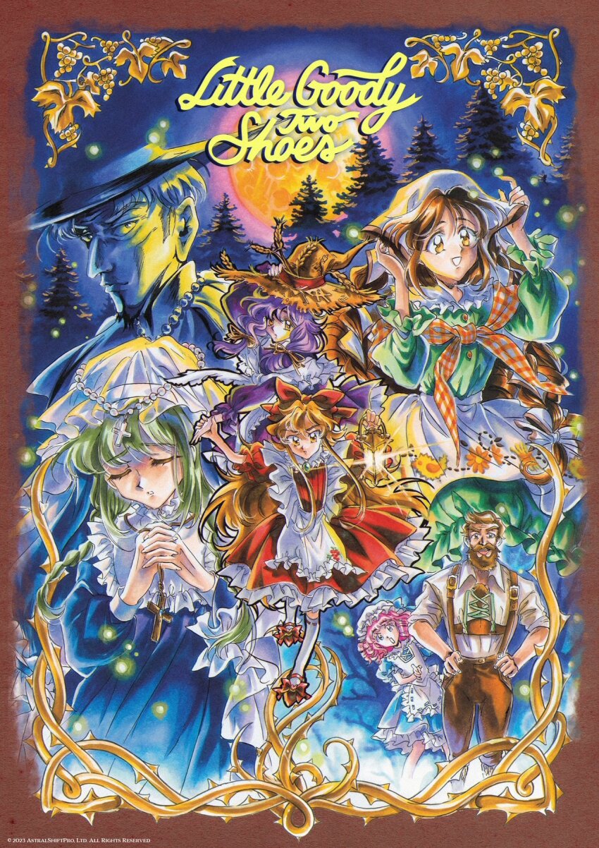 1980s_(style), 2boys, 5girls, apron, blonde_hair, bow, braid, brooch, brown_hair, closed_eyes, cross, cross_necklace, dress, elise_liedl, father_and_child, father_and_daughter, father_hans_(little_goody_two_shoes), freya_(little_goody_two_shoes), frilled_apron, frills, german_clothes, green_dress, gustav_(little_goody_two_shoes), habit, hat, headscarf, highres, jewelry, juliet_sleeves, lebkuchen_(little_goody_two_shoes), lederhosen, little_goody_two_shoes, long_hair, long_sleeves, maid_apron, mob_cap, muffy_(little_goody_two_shoes), multiple_boys, multiple_girls, necklace, nun, oldschool, parent_and_child, patchwork_clothes, pink_hair, plaid_clothes, plaid_shawl, puffy_sleeves, purple_dress, red_bow, red_dress, retro_artstyle, ribbon-trimmed_socks, ribbon_trim, rozenmarine_(little_goody_two_shoes), shawl, shirt, short_hair, socks, straw_hat, suspenders, traditional_nun, twin_braids, veil, very_long_hair, white_apron, white_shirt, witch_hat