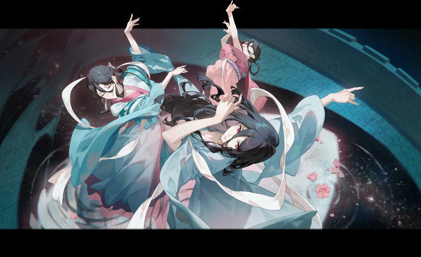 3girls, absurdres, arms_up, black_hair, cheese_kang, closed_eyes, dancing, earrings