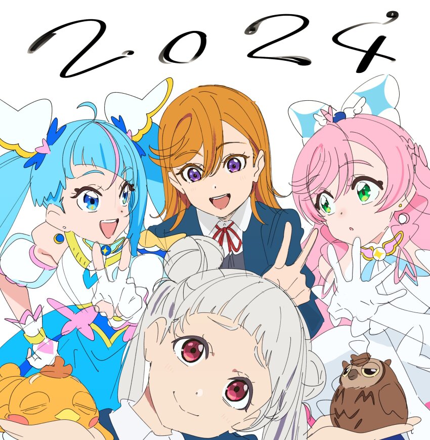 2024, 4girls, absurdres, animal, animal_on_hand, arashi_chisato, bird, blazer, blue_eyes, blue_jacket, blunt_bangs, bow, closed_mouth, collared_shirt, cure_prism, cure_sky, double_bun, dress, elbow_gloves, gloves, green_eyes, hair_bow, hair_bun, head_tilt, highres, hirogaru_sky!_precure, jacket, long_hair, looking_at_another, love_live!, love_live!_superstar!!, magical_girl, manmaru_(love_live!), medium_hair, multiple_girls, neck_ribbon, nijigaoka_mashiro, open_clothes, open_jacket, open_mouth, orange_hair, owl, parted_lips, pink_hair, precure, purple_eyes, red_eyes, red_ribbon, ribbon, saitou_atsushi_(kamatamanankotu), school_uniform, shibuya_kanon, shirt, sora_harewataru, teeth, twintails, upper_teeth_only, v, white_background, white_bow, white_dress, white_gloves, white_hair, white_shirt, winter_uniform, yuigaoka_school_uniform, yuunagi_tsubasa, yuunagi_tsubasa_(bird)
