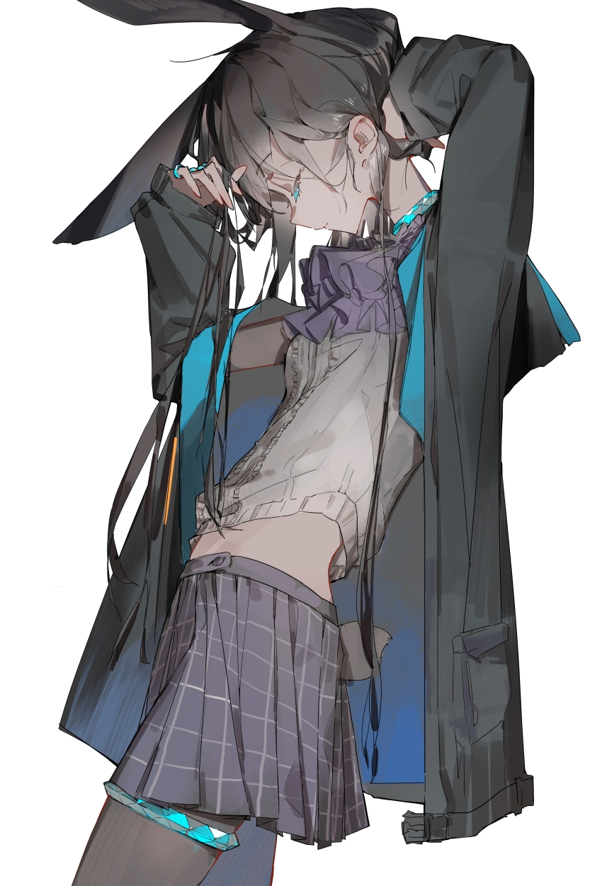 1girl, absurdres, adjusting_hair, amiya_(arknights), animal_ear_fluff, animal_ears, arched_back, arknights