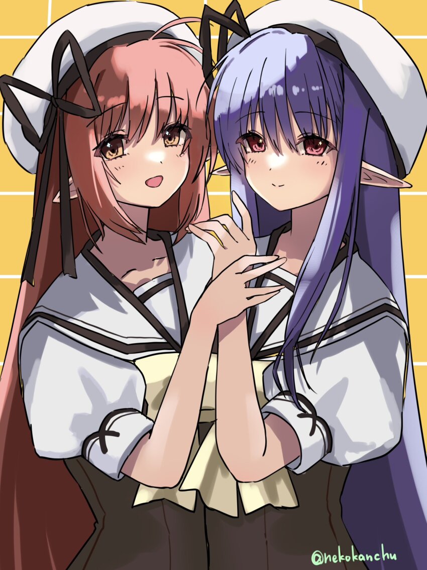 2girls, blue_hair, brown_eyes, brown_shirt, eisei_neko, grid_background, highres, holding_hands
