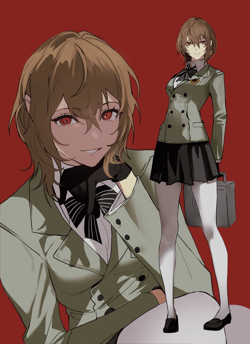 1girl, absurdres, akechi_gorou, black_footwear, black_gloves, black_skirt, bow, bowtie