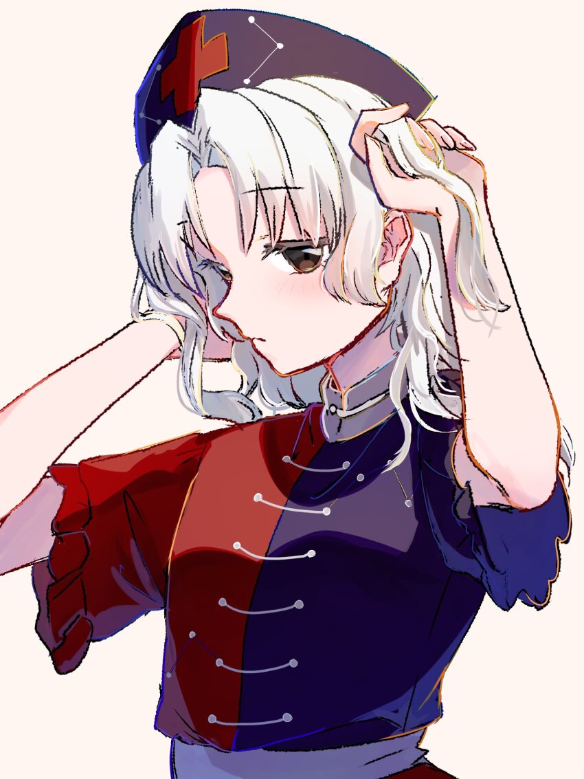 1girl, blush, brown_eyes, expressionless, hands_in_own_hair, hands_up, hat, highres