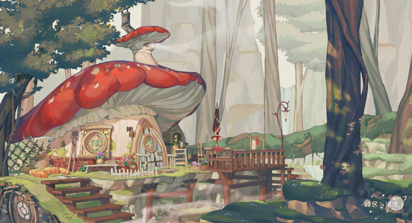 absurdres, baiyinan, basket, bell, chimney, closed_umbrella, clothesline, concept_art