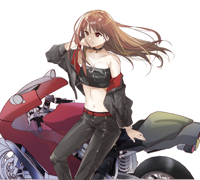 1girl, adjusting_hair, bare_shoulders, belt, black_choker, black_jacket, black_pants, breasts