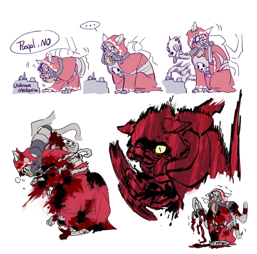 animalization, blood, blood_on_clothes, english_text, full_body, highres, hood, hood_up