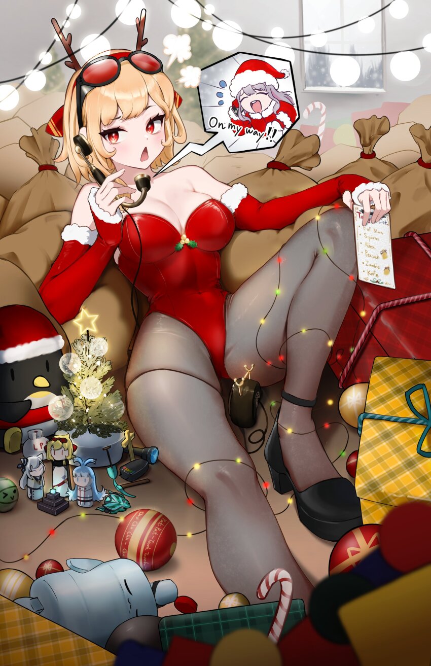 2girls, absurdres, alternate_costume, bag, bird, blonde_hair, blush, box