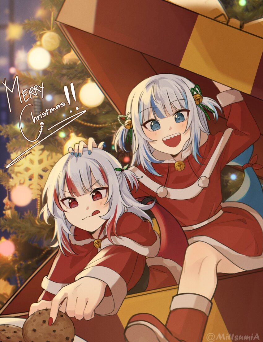 2girls, absurdres, alternate_costume, artist_request, bell, blue_eyes, blue_hair, blush